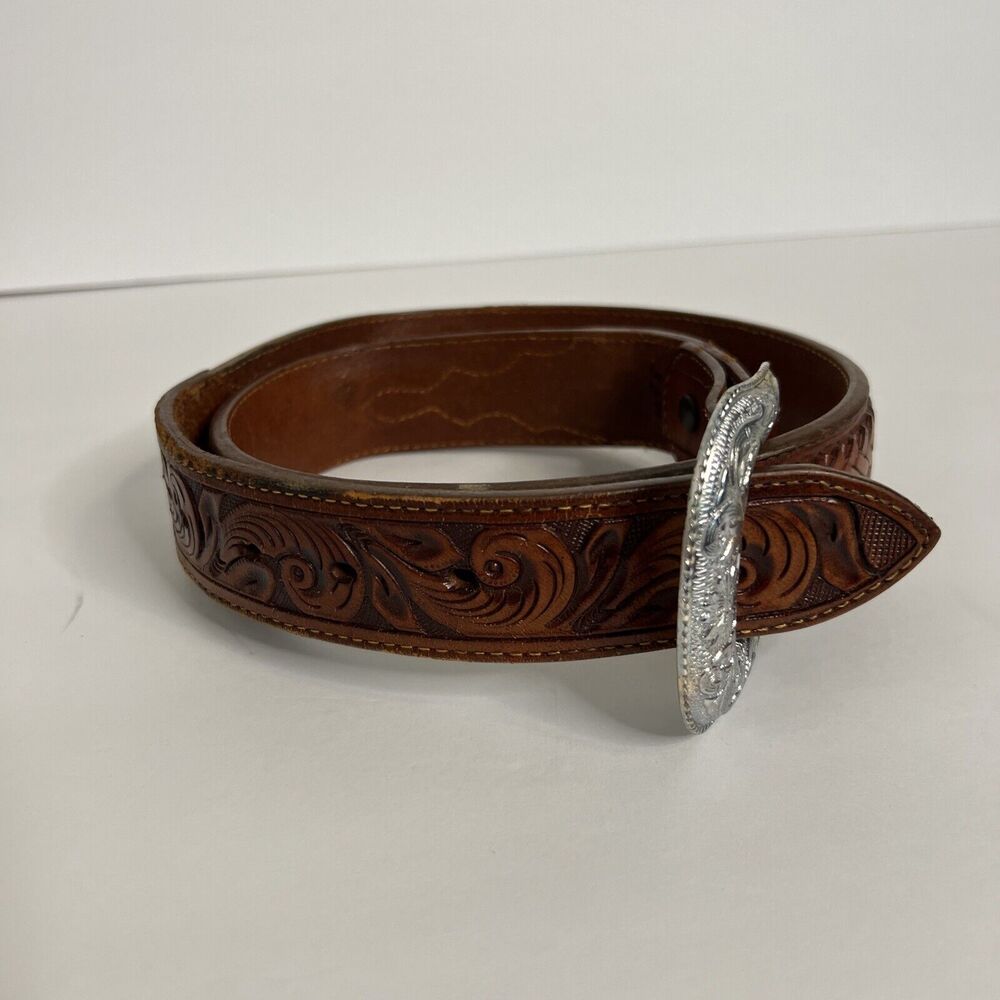 Vintage Nocona Unisex Sz 34 Belt Silver Western Hand Tooled Cowhide Leather